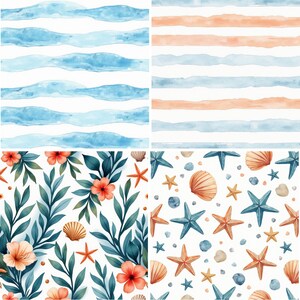 May include: A four-part digital pattern collection featuring watercolor blue wavy stripes, alternating peach and blue horizontal stripes, a botanical print with orange flowers and green leaves, and a nautical motif with starfish and seashells.