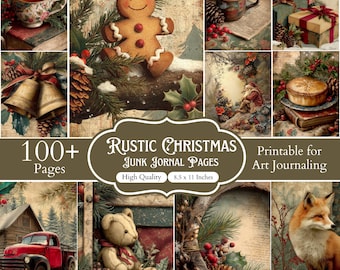 100+ Rustic Christmas Junk Journal Papers, Watercolor Winter Scenes, Woodland Animal Scrapbook Papers, Cozy Christmas Journal Kit