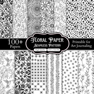Peut inclure: Une collection de papiers numériques en noir et blanc présentant divers motifs floraux et botaniques sans couture. L'étiquette centrale indique 100+ Papers, Floral Paper Seamless Pattern, High Quality 3000 x 3000 PX, et Printable for Art Journaling.