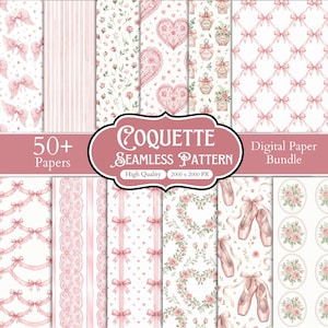 50+ Coquette Seamless Pattern Bundle, Pink Bow Digital Paper, Shabby Chic Floral Backgrounds, Balletcore Scrapbook Paper, Preppy Printable