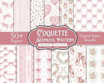 50+ Coquette Seamless Pattern Bundle, Digitalt papper med rosa rosett, Shabby Chic-blommiga bakgrunder, Balletcore-klippbokspapper, Preppy-utskrivbart