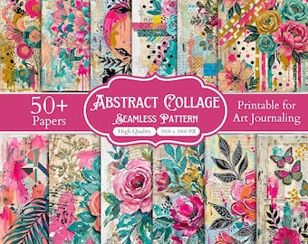 50+ abstrakta collage sömlösa mönsterpaket, moderna konstnärliga digitala papper, samtida scrapbook-bakgrunder, utskrivbart mönsterpaket