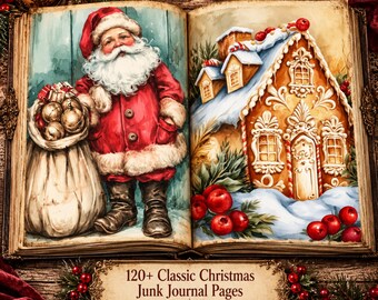 120+ vintage julklappssidor, klassiskt vinterkollage, utskrivbara julklippbokspapper, festligt journalkit