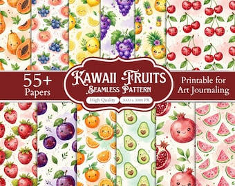 55+ Kawaii Fruit Seamless Digital Paper Bundle, Preppy Digital Paper Pack, Watercolor Tropical Backgrounds, Printable Scrapbook Papers