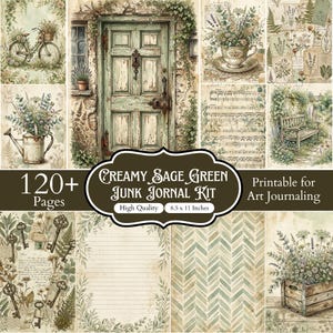 Pode incluir: Um kit digital de junk journal com mais de 120 páginas de ilustrações botânicas em verde sálvia e creme, incluindo uma bicicleta, uma porta desgastada, chávenas florais, partituras, bancos de jardim, chaves vintage e papel pautado.