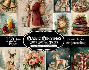 Más de 120 páginas clásicas para diario navideño, hojas para collage de invierno, papel imprimible para collage navideño, páginas vintage para diario navideño.