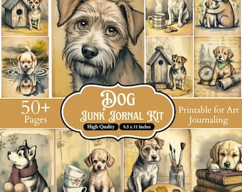 Dog Junk Journal Kit, 50+ Printable Pages, Vintage Puppy Scrapbook Ephemera, Cute Pet Art Journal, Dog Lover Gift, Digital Download