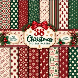 May include: A collection of 38 Christmas digital papers featuring various holiday patterns including snowflakes, reindeer, pine trees, and geometric shapes in red, green, and cream. The central label displays the text 38 Christmas DIGITAL PAPERS.