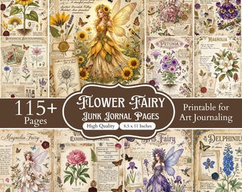 115+ Blumenfee Junk Journal Seiten, Vintage botanische Fee druckbare Papiere, Verzauberter Garten Ephemera Kit, skurrile Seiten