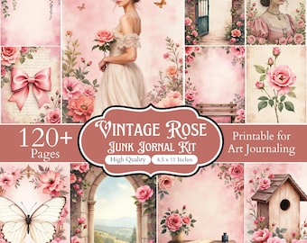 120+ Vintage Rose Junk Journal-sidor, viktoriansk blommig efemera, utskrivbara shabby chic-rosor, romantiska scrapbook-papper, digital nedladdning