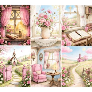 May include: A six-panel collage featuring watercolor-style illustrations of a pink-themed cottage interior and exterior. Scenes include a window with pink curtains, a vase of pink flowers, a desk with an open book, a church, and a cozy armchair.