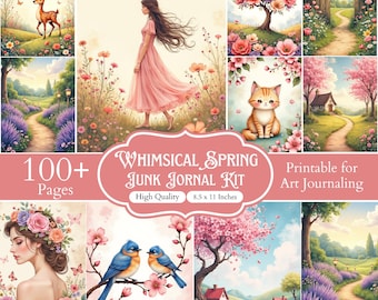 100+ nyckfulla digitala skräpjournalkit i pastellfärgat papper, akvarellcollageark, scrapbooksidor med djur och blommor, utskrivbara papper png