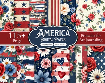 Amerikanskt digitalt papperspaket, patriotiska blommönster, sömlösa bakgrunder i USA, 4 juli-klippbokspapperspaket PNG