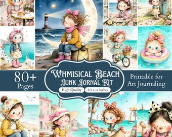 80+ nyckfulla skräpjournaler för strandtjejer, kustnära scrapbooking-ephemera, sommardagbokssidor för stranden, utskrivbart vintage-kit för kusten