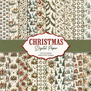 May include: A collection of digital paper patterns featuring Christmas themes including deer, snow globes, pine trees, ornaments, birds, wreaths, lanterns, bells, and gifts. The text CHRISTMAS Digital Paper 12x12 inches JPEG.PNG 300dpi is visible.