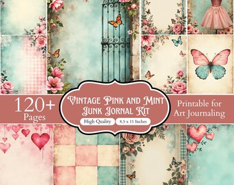 120+ vintagerosa och mintgrönt skräpjournalpapperspaket, shabby chic blommiga efemerablad, pastellfärgade scrapbooksidor, utskrivbart journalkit