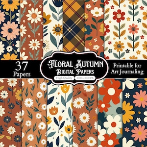 Op de afbeelding: Een collectie van 37 digitale papieren met herfstachtige bloemenpatronen in tinten oranje, geel, marineblauw en crème. De tekst luidt Floral Autumn Digital Papers, 37 Papers, Printable for Art Journaling, High Quality, 3000 x 3000 PX.