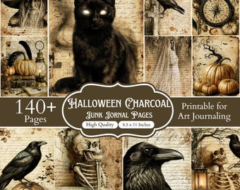 Halloween Charcoal Junk Journal Pages, Charcoal Gothic Printable Papers, Halloween Scrapbook Kit, Vintage Ephemera, 140+ A4 (8.5x11) Pages