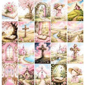 May include: A collection of twenty watercolor-style illustrations featuring religious and pastoral themes, including churches, crosses, open books, floral landscapes, and a character wearing a straw hat, all rendered in soft pink and pastel tones.