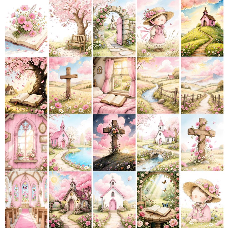 May include: A collection of twenty watercolor-style illustrations featuring religious and pastoral themes, including churches, crosses, open books, floral landscapes, and a character wearing a straw hat, all rendered in soft pink and pastel tones.