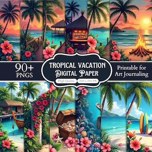 May include: A collection of digital paper designs featuring tropical vacation scenes with palm trees, beaches, ocean sunsets, tiki huts, hibiscus flowers, a treasure chest, a sea turtle, and surfboards, labeled as 90+ PNGs for art journaling.