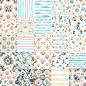 May include: A digital collage of twenty-five square patterns featuring nautical and coastal themes. Designs include watercolor illustrations of seashells, starfish, seahorses, coral, lighthouses, sailboats, compasses, pearls, and various blue and tan stripes.