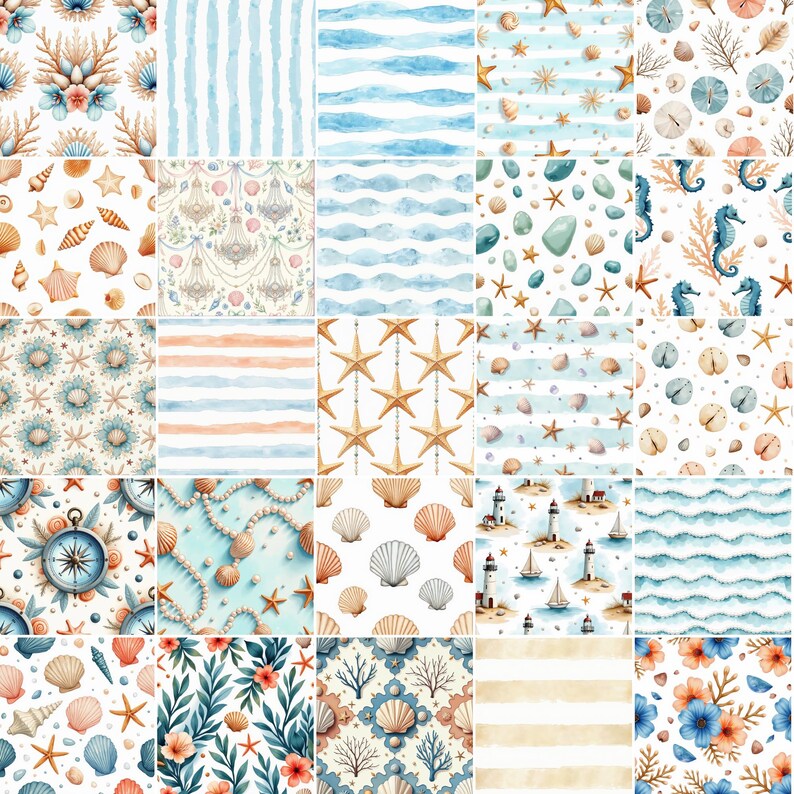 May include: A digital collage of twenty-five square patterns featuring nautical and coastal themes. Designs include watercolor illustrations of seashells, starfish, seahorses, coral, lighthouses, sailboats, compasses, pearls, and various blue and tan stripes.