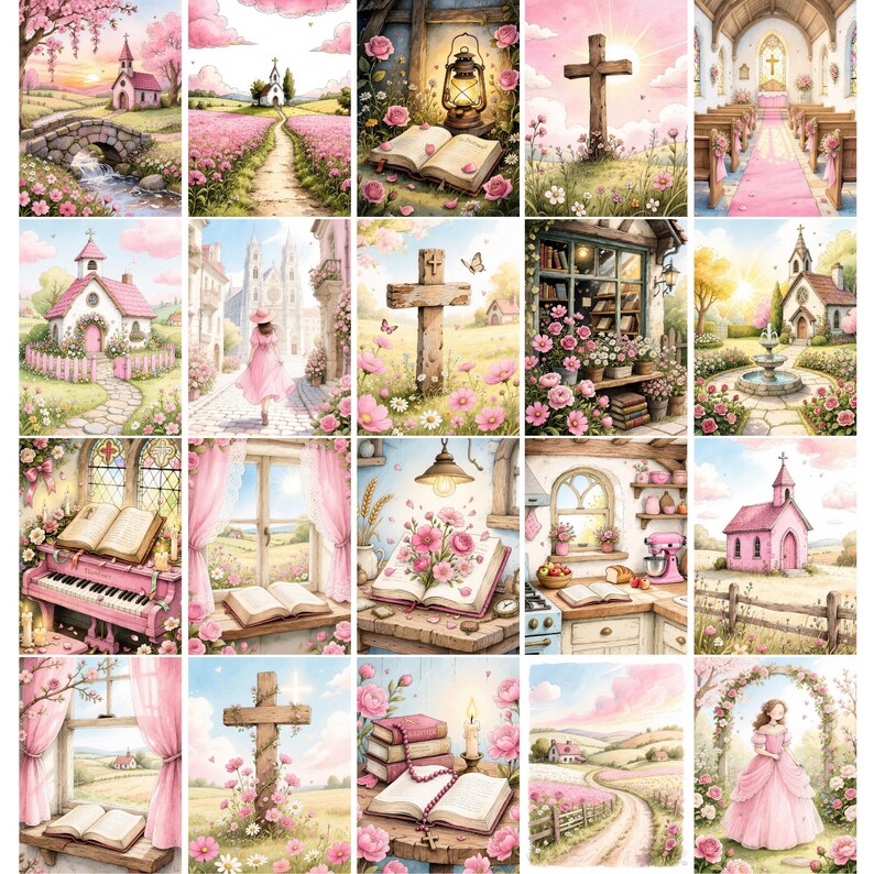 May include: A collection of twenty digital illustrations featuring religious and pastoral themes, including churches, wooden crosses, open books, pink floral landscapes, and interior scenes with soft pink and warm golden color palettes.