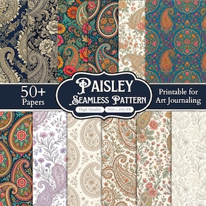 Op de afbeelding: Een collectie van 50+ digitaal papier met diverse paisley- en bloemenpatronen in levendige en neutrale kleurenpaletten. De centrale tekst luidt Paisley Seamless Pattern, 50+ Papers, Printable for Art Journaling, High Quality, 2000 x 2000 PX.