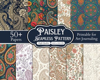 Paisley sömlösa mönsterpaket, 50+ digitala blompapper, vintage boho scrapbookpapper, eleganta paisleybakgrunder, utskrivbar PNG