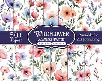 50+ digitala papperspaket med vildblommor, sömlösa mönster med vildblommor, botaniska blombakgrunder, utskrivbart scrapbookingpapperskit