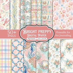 May include: A collection of digital paper patterns featuring coastal and nautical motifs including seashells, seahorses, lobsters, floral bouquets, plaid designs, and ribbons in soft pastel pink, blue, and cream tones with text reading BRIGHT PREPPY DIGITAL PAPER.