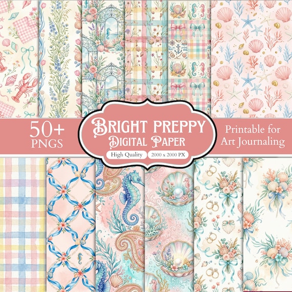 Bright Preppy Digital Paper Bundle, Coastal Coquette Seamless Patterns, Seashell Seahorse Beach Scrapbook Paper, Ocean PNG Pack