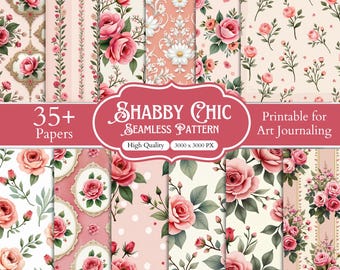 35+ Shabby Chic Digital Paper Bundle, Pink Floral Seamless Patterns, Vintage Rose Scrapbook Paper, Romantic Printable Backgrounds