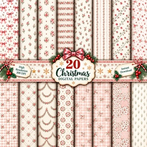 Puede incluir: Una colección de veinte papeles digitales con varios patrones, incluyendo lazos rosas, pequeños estampados florales rojos, cuadros y rayas sobre un fondo crema. Una etiqueta central muestra el texto 20 Christmas DIGITAL PAPERS.