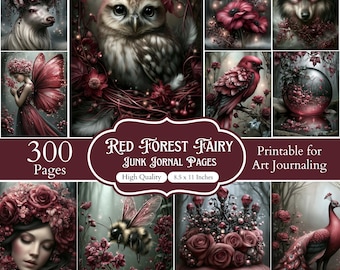 Red Forest Fairy Junk Journal Pages, Dark Fairy Printable Papers, Fantasy Woodland Scrapbook Kit, Gothic Floral Ephemera, 300 (8.5x11) Pages