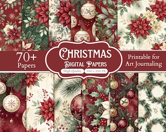 70+ Christmas Time Digital Papers Bundle, Vintage Holiday Scrapbook Paper, Christmas Plaid Patterns, Poinsettia Printable Papers