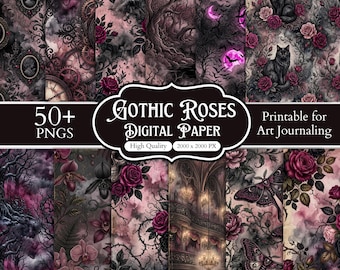 May include: A collection of digital paper designs featuring dark floral patterns with deep red roses, black cats, moths, ornate clocks, and gothic architecture. The text reads 50+ PNGS, GOTHIC ROSES DIGITAL PAPER, High Quality, 2000 x 2000 PX, and Printable for Art Journaling.