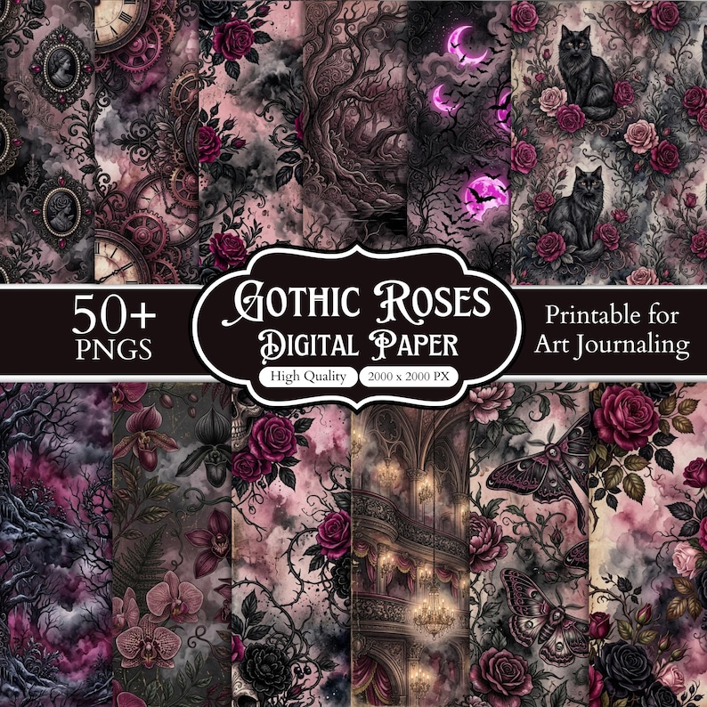 Pode incluir: Uma cole&ccedil;&atilde;o de pap&eacute;is digitais com padr&otilde;es florais escuros, rosas vermelho-escuras, gatos pretos, mariposas, rel&oacute;gios ornamentados e arquitetura g&oacute;tica. O texto diz 50+ PNGS, GOTHIC ROSES DIGITAL PAPER, High Quality, 2000 x 2000 PX e Printable for Art Journaling.