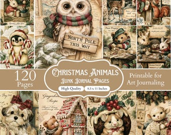 120 páginas de diario de Navidad con animales del bosque, papeles imprimibles de animales invernales acogedores, páginas de álbum de recortes navideñas vintage, vacaciones en el bosque