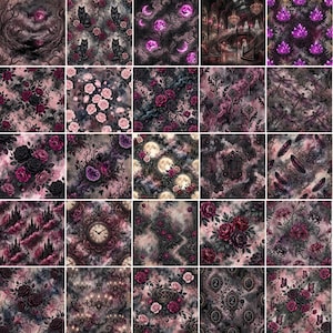 Pode incluir: Uma cole&ccedil;&atilde;o de vinte e cinco amostras de tecido com padr&otilde;es escuros e atmosf&eacute;ricos em tons de preto, roxo profundo e rosa empoeirado. Os designs incluem gatos pretos, rosas, luas, cristais, rel&oacute;gios ornamentados, castelos e lib&eacute;lulas.