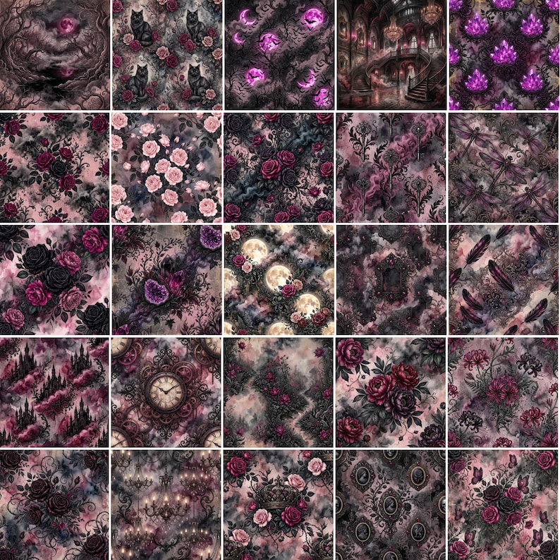 Pode incluir: Uma cole&ccedil;&atilde;o de vinte e cinco amostras de tecido com padr&otilde;es escuros e atmosf&eacute;ricos em tons de preto, roxo profundo e rosa empoeirado. Os designs incluem gatos pretos, rosas, luas, cristais, rel&oacute;gios ornamentados, castelos e lib&eacute;lulas.