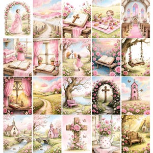 May include: A collection of twenty watercolor-style illustrations featuring soft pink and floral themes, including scenes of churches, open books, crosses, garden paths, picnic settings, and landscapes with rolling hills and blooming flowers.