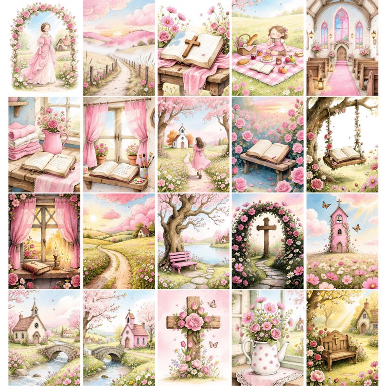 May include: A collection of twenty watercolor-style illustrations featuring soft pink and floral themes, including scenes of churches, open books, crosses, garden paths, picnic settings, and landscapes with rolling hills and blooming flowers.