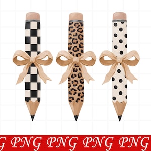 May include: Three pencils with erasers, each featuring a different pattern: black and white checkerboard, brown and black leopard print, and black polka dots on a cream background. Each pencil is tied with a light tan decorative ribbon bow.