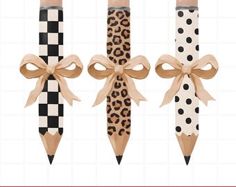 May include: Three pencils with erasers, each featuring a different pattern: black and white checkerboard, brown and black leopard print, and black polka dots on a cream background. Each pencil is tied with a light tan decorative ribbon bow.