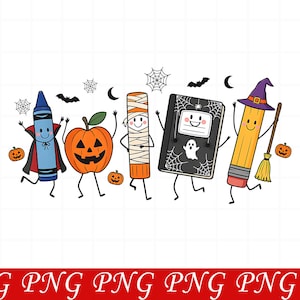 May include: A digital illustration featuring five anthropomorphic school supplies dressed for Halloween: a blue crayon vampire, an orange pumpkin, a mummy glue stick, a black notebook with a ghost, and a yellow pencil wearing a purple witch hat.