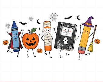 May include: A digital illustration featuring five anthropomorphic school supplies dressed for Halloween: a blue crayon vampire, an orange pumpkin, a mummy glue stick, a black notebook with a ghost, and a yellow pencil wearing a purple witch hat.