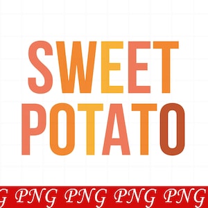 May include: A graphic design featuring the text SWEET POTATO in bold, sans-serif capital letters. The letters are colored in varying shades of orange, yellow, and coral. Below the text, a red horizontal bar contains the repeated white text PNG.