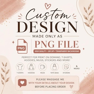 以下が含まれることがあります： カスタムデザインサービスのデジタルグラフィック広告。テキストには「Custom Design Made Only As PNG File, High Quality 300 DPI Transparent Background」と書かれています。Tシャツ、パーカー、マグカップ、トートバッグ、ステッカーのアイコンが含まれています。